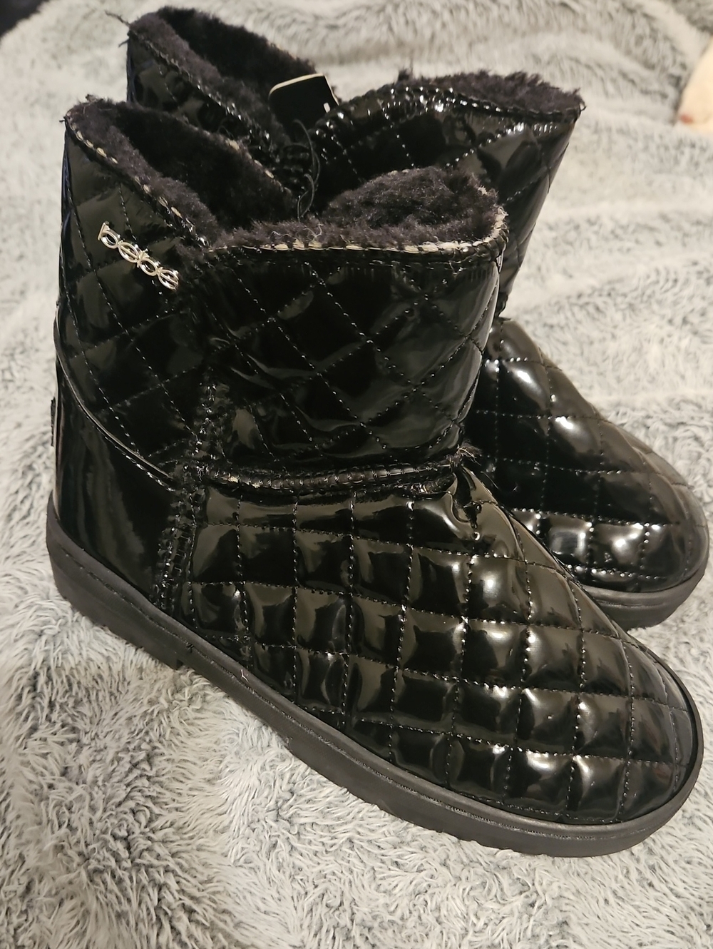 bebe Black Quilted Glossy Faux Fur Kids Boots Size 2